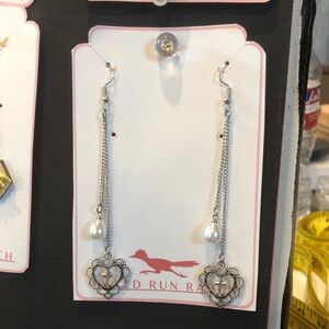 Handmade Silver Heart Cross & pearls Dangle Earrings